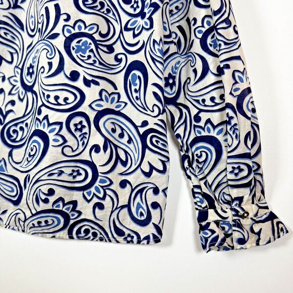 Talbots Shirt Womens Large Blue White Paisley Print Ruffle Button Up Cotton Top - Picture 6 of 14